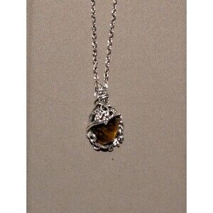 Tigers Eye Pendant Necklace w/ 2 Chains - Stainless Steel & Faux Leather Cord